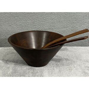 Mid Century Vermillion Real Walnut Salad Serving Bowl Real Wood with Fork&Spoon